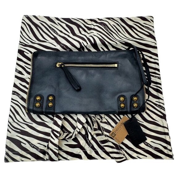 NWT Linea Pelle Dylan Large Clutch Black Leather Double Zip Studded Boho Y2K - Picture 6 of 13